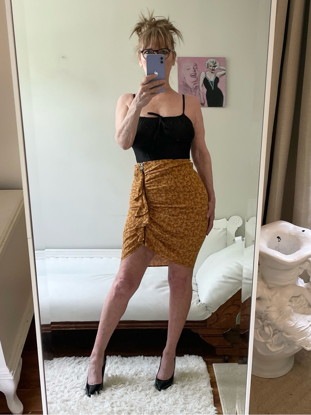 VERONICA BEARD MUSTARD SKIRT FLOWERS SIDE ZIPPER RUFFLE HIDDEN WAIST RUCHED